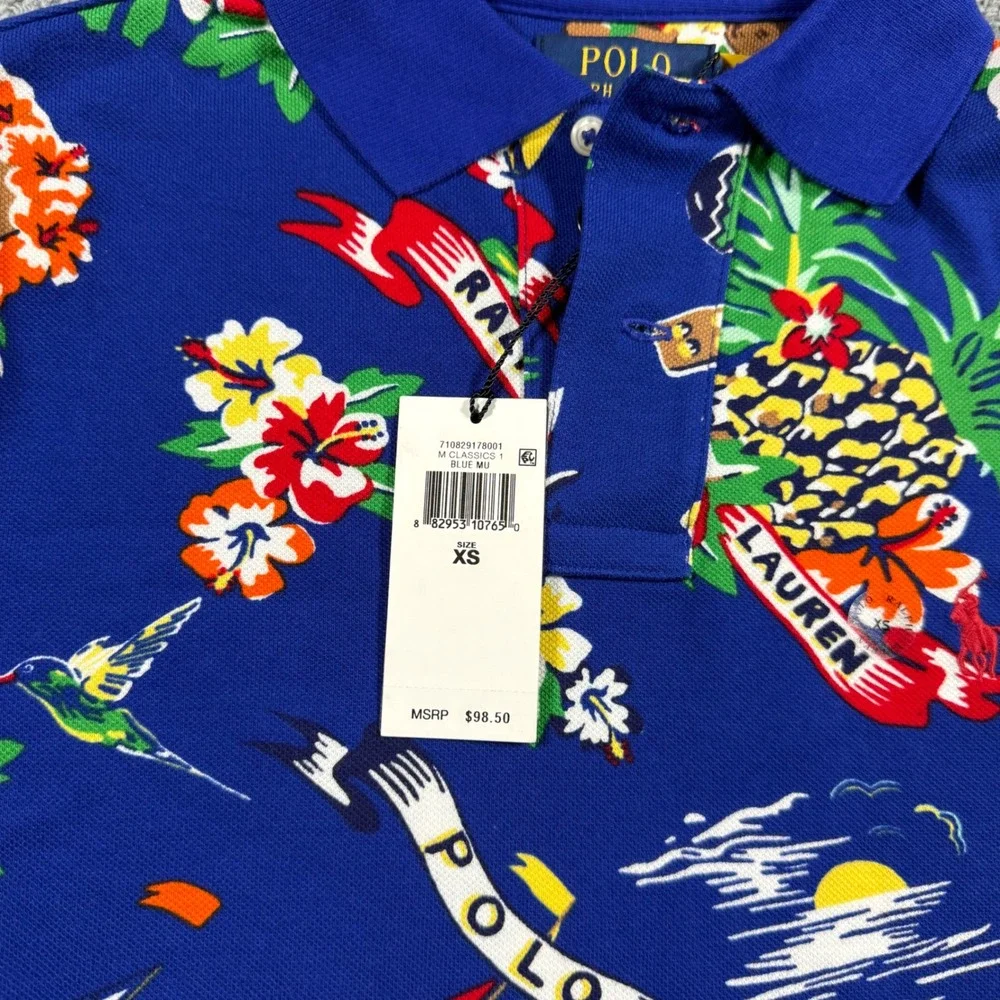 NWT Polo‎ Ralph Lauren Mens XS Polo Bear Tropical Hawaiian Print Mesh Shirt Blue